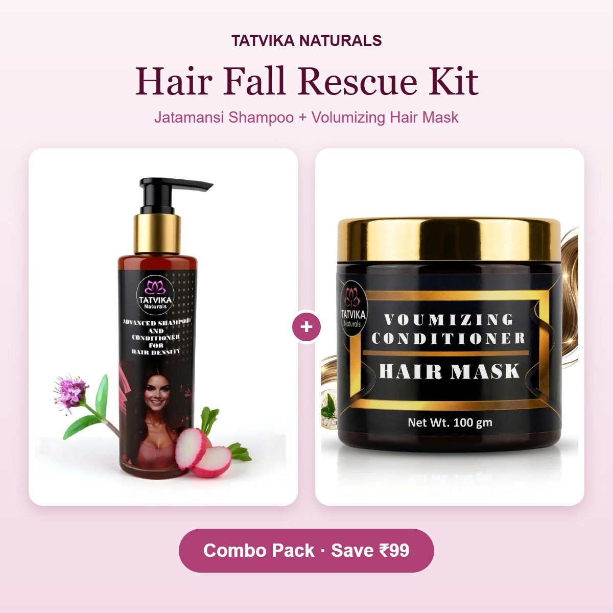 Hair Fall Rescue Kit – Jatamansi Shampoo + Volumizing Hair Mask | Tatvika Naturals