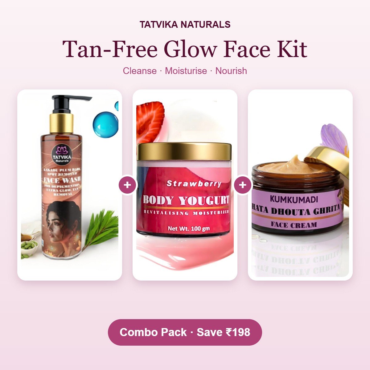 Tan-Free Glow Face Kit – Tan Removal Face Wash, Vitamin C Gel Moisturiser and Shata Dhauta Ghrita combo
