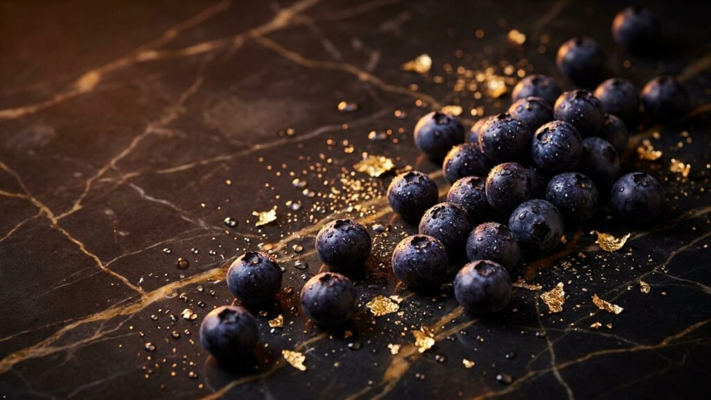 Dark berries with gold flakes on marble – antioxidant-rich botanicals