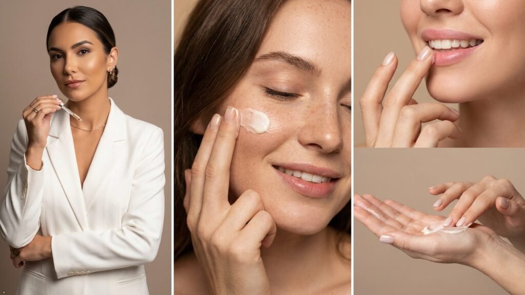 Woman applying natural cream to face, lips and hands – Ayurvedic skincare routine