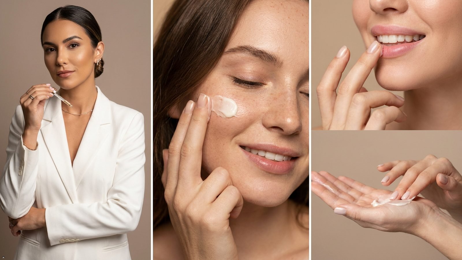 Woman applying natural cream to face, lips and hands – Ayurvedic skincare routine