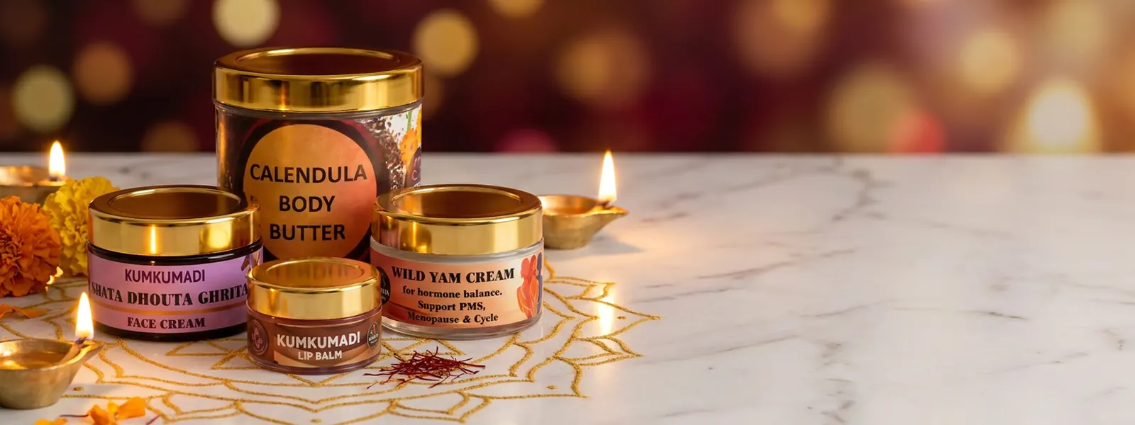 Festive ayurvedic skincare gifts: Kumkumadi cream, calendula body butter, wild yam cream and lip balm