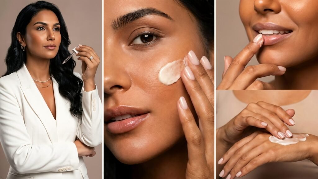 Indian woman with face oil dropper, applying night cream, lip balm and hand cream