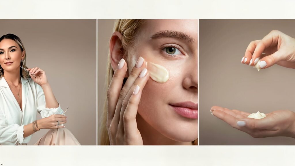 Kumkumadi oil dropper vs Kumkumadi cream applied on the cheek
