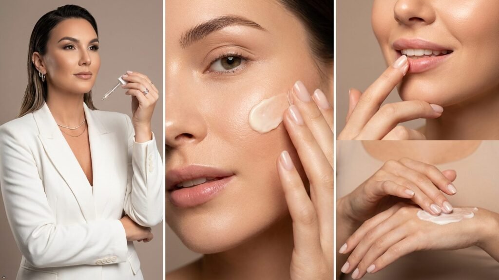 Skincare routine with face oil dropper, cream on cheek, lip balm and hand cream
