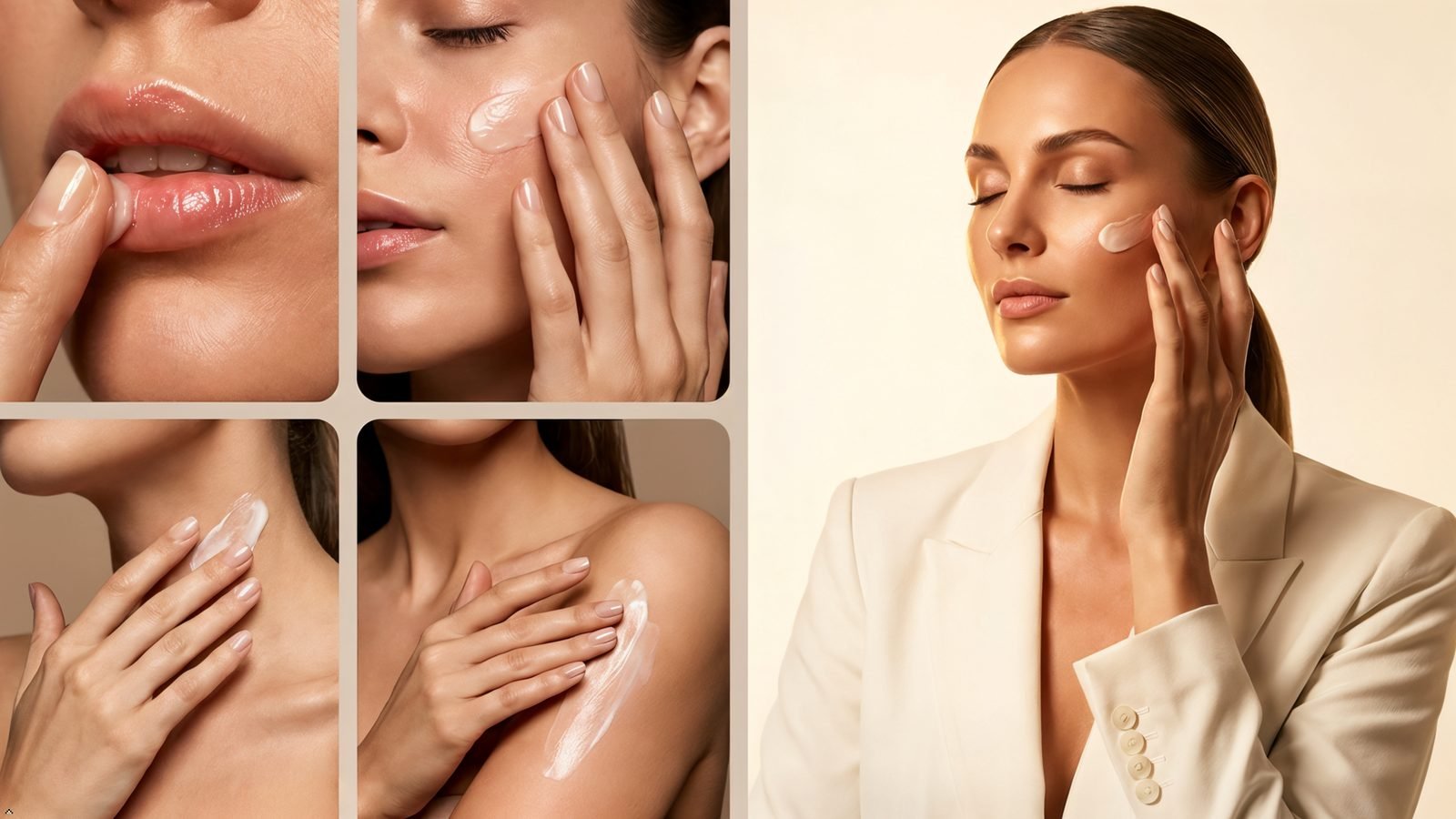 Applying lip balm for dark lips and moisturiser on face, neck and shoulder