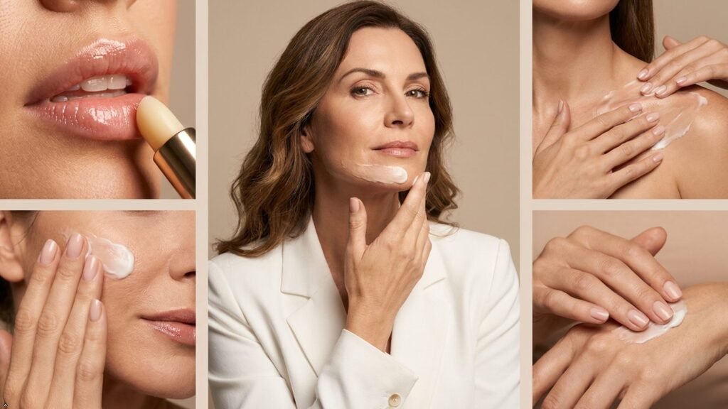 Mature woman applying lip balm, face cream and body moisturiser for dry skin