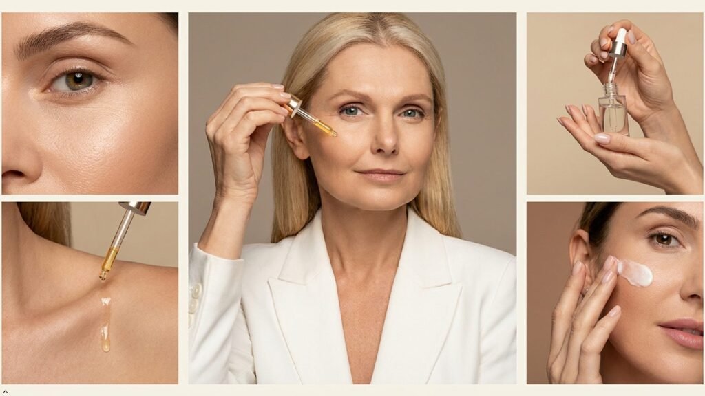 Mature woman applying face oil with a dropper, plus serum and cream – oil vs cream routine