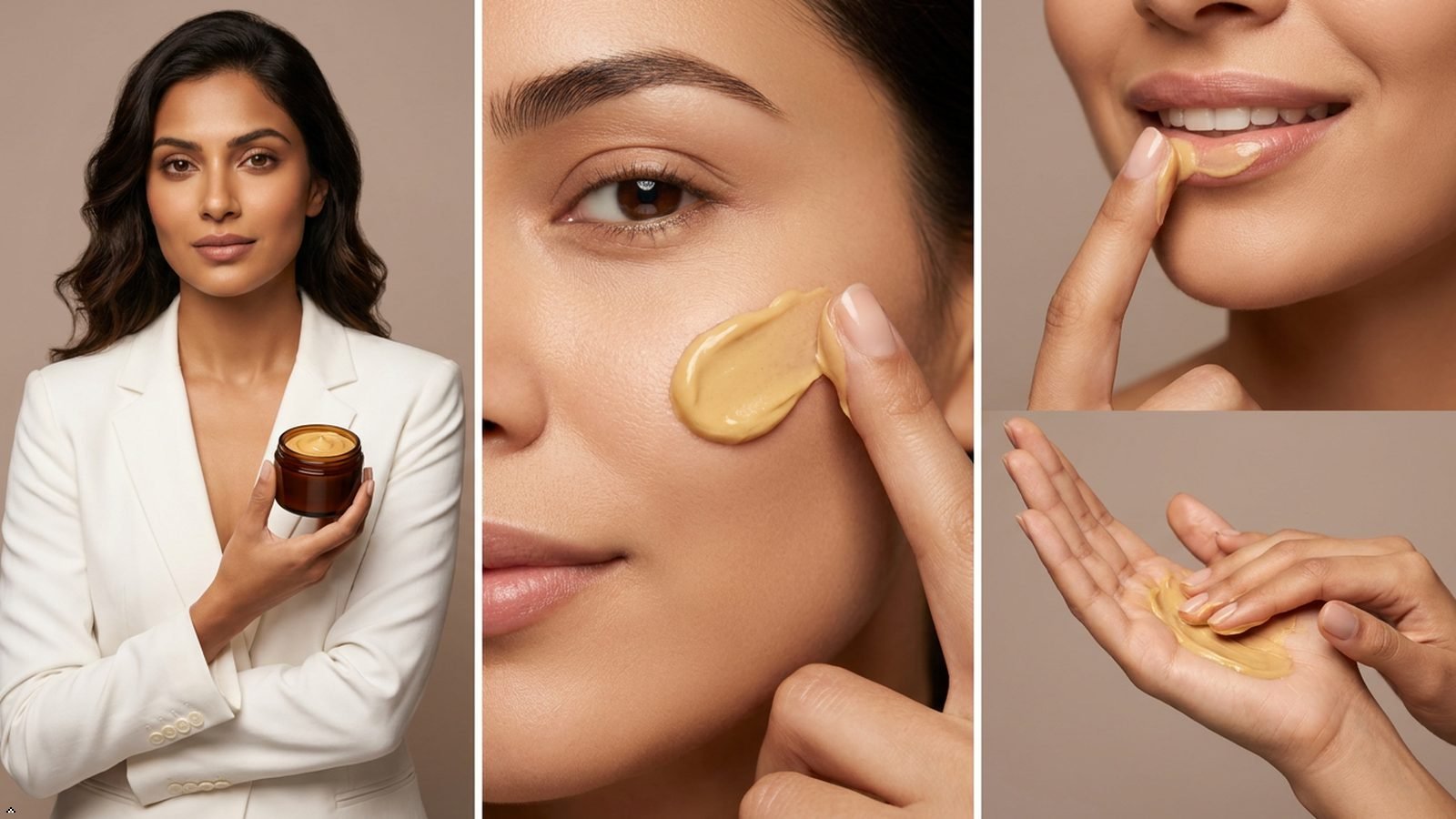 Indian woman applying saffron Kumkumadi night cream with Shata Dhauta Ghrita on face and lips