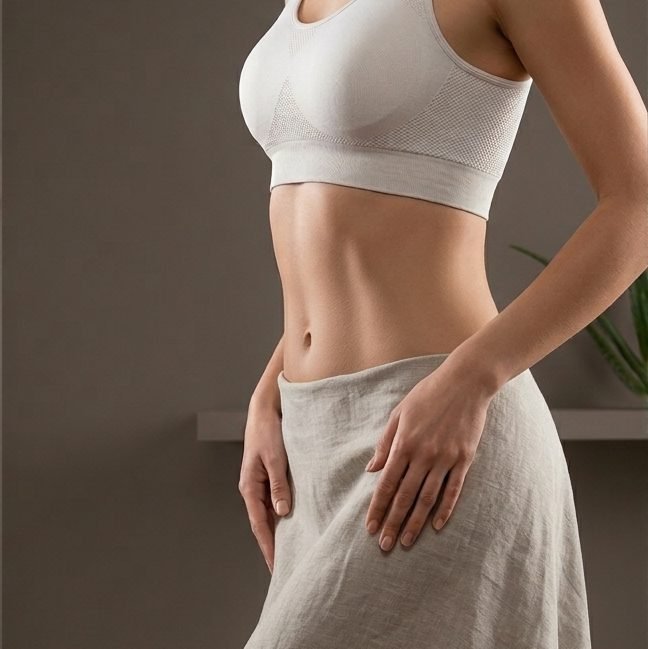 Woman with hand on hip and abdomen – women's body care and wellness