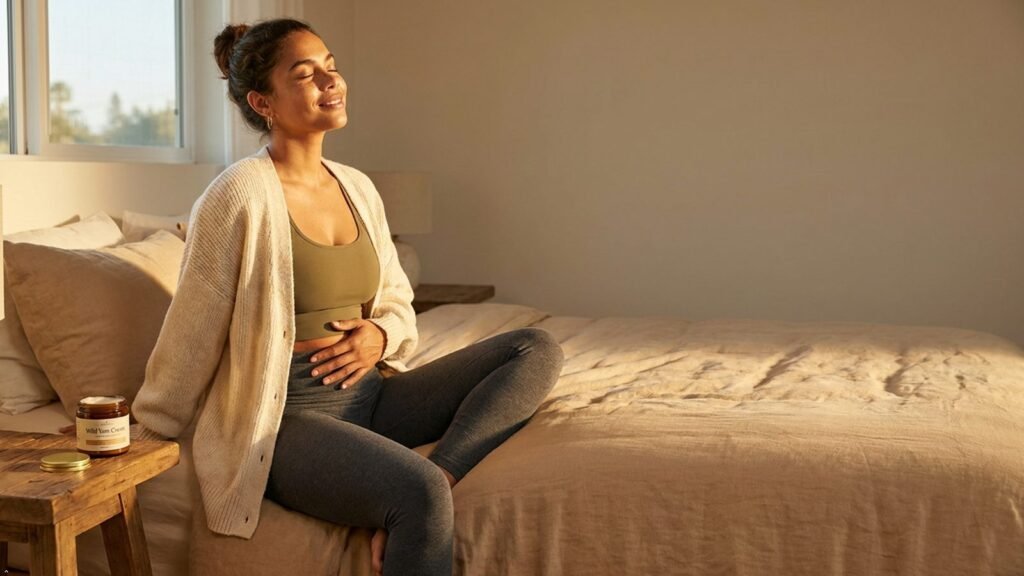 Woman massaging abdomen in the morning with wild yam cream on the bedside