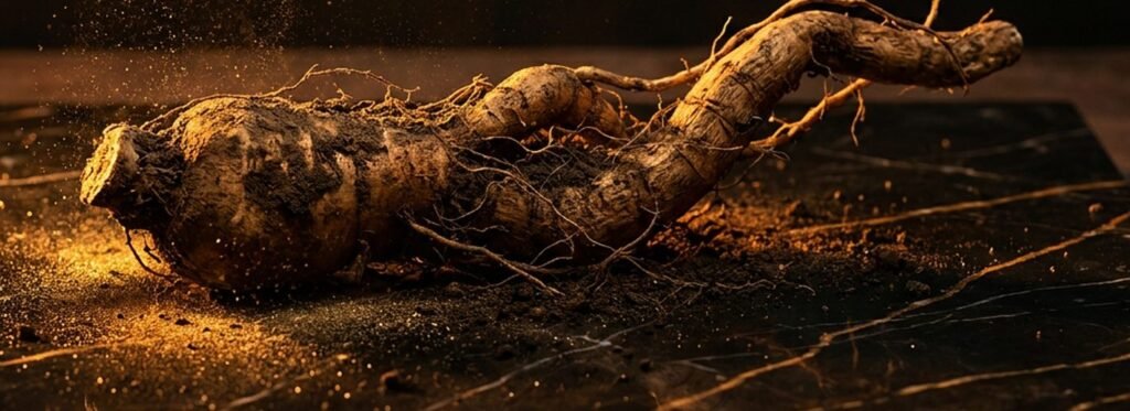 Fresh wild yam root (Dioscorea villosa) on dark marble