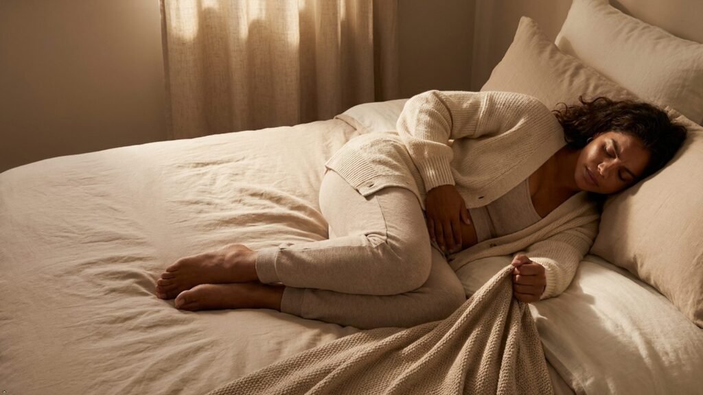 Woman resting in bed with hand on abdomen during period cramps or PMS