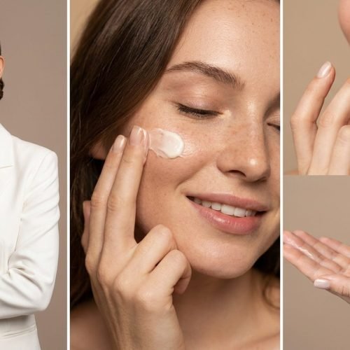 Woman applying natural cream to face, lips and hands – Ayurvedic skincare routine