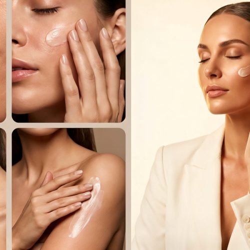 Applying lip balm for dark lips and moisturiser on face, neck and shoulder