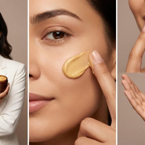 Indian woman applying saffron Kumkumadi night cream with Shata Dhauta Ghrita on face and lips